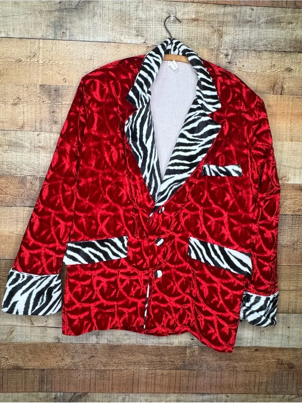VTG Pimp Red Crush Velvet Zebra Trim Costume Smoking Jacket Pants Set Halloween